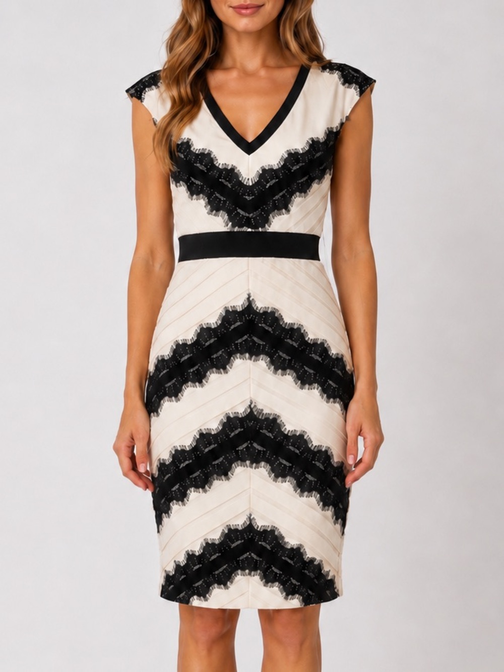 JAX Ivory Black Lace Sheath Cocktail Dress Size 4 NWT